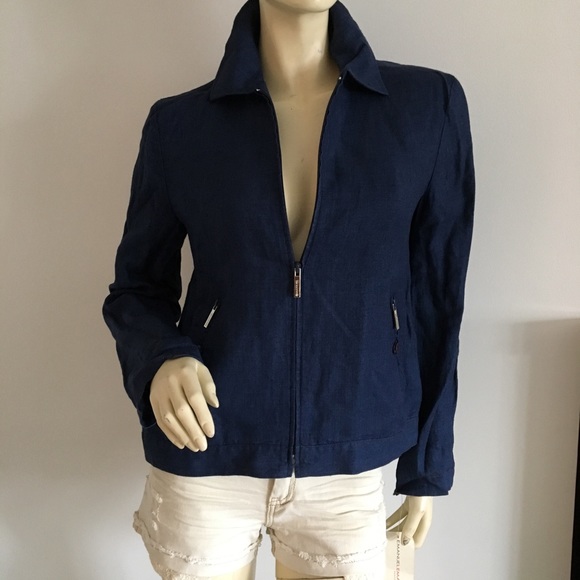 Emanual Ungaro navy long sleeved linen zip up hoodie jacket - Picture 2 of 6